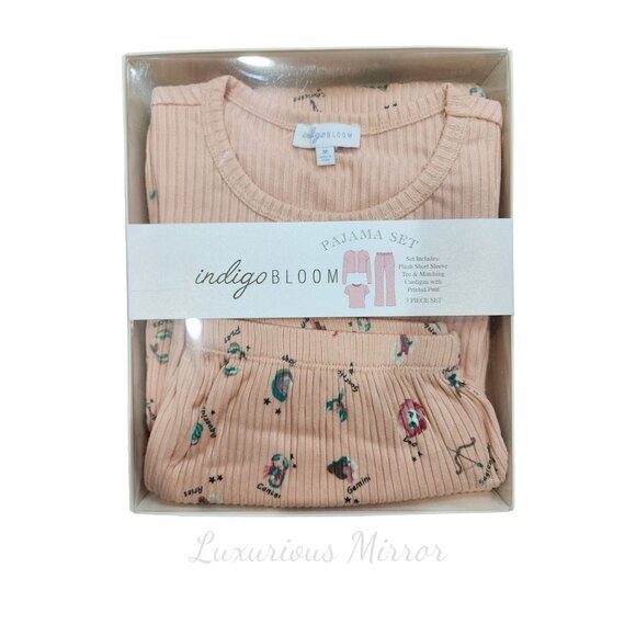 Indigo Bloom Zodiac Sign Printed Short Sleeve Top Pant 3 PC Peach Set Women's M - Picture 1 of 4